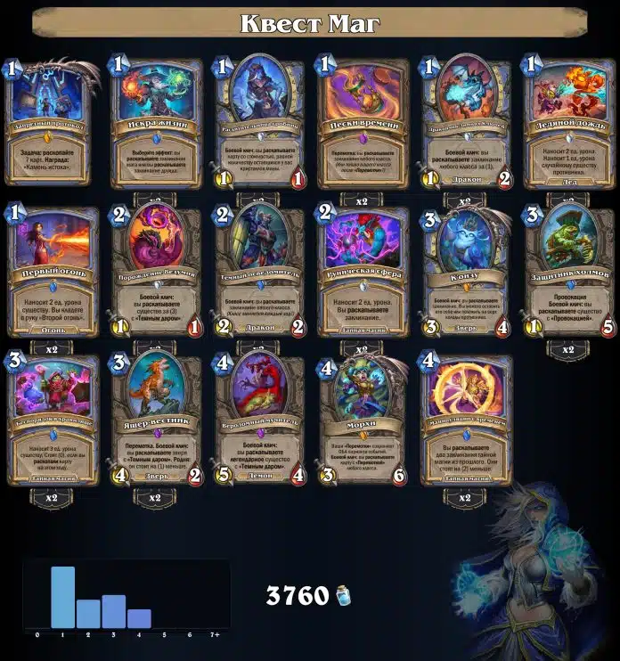 Deck of mage quest cards (Квест Маг) shown in a grid, with various spell and minion cards and mana costs 1–4 on a dark background
